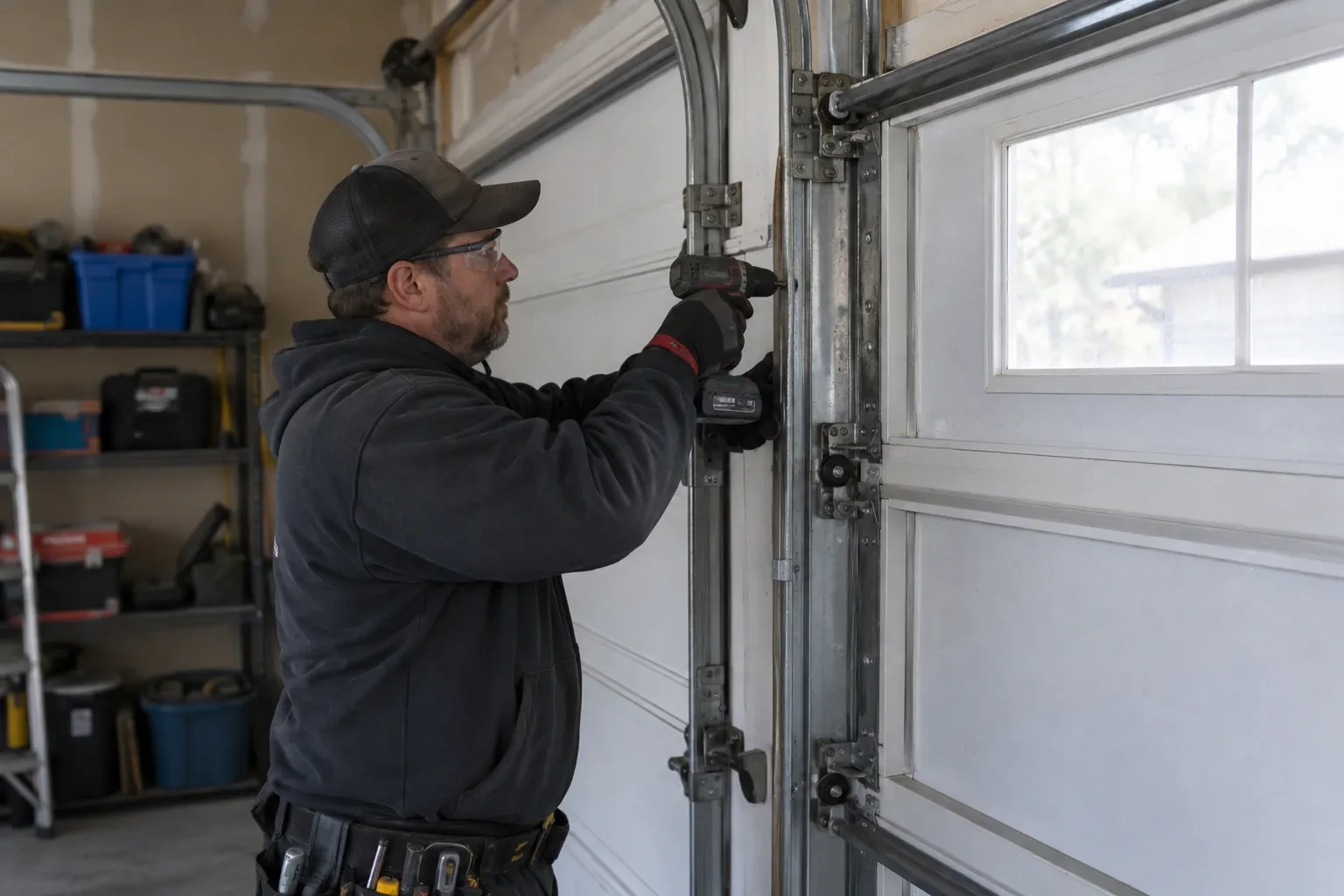 Technician in a black cap holding a cordless drill to a bracket on a vertical track beside a windowed white door.