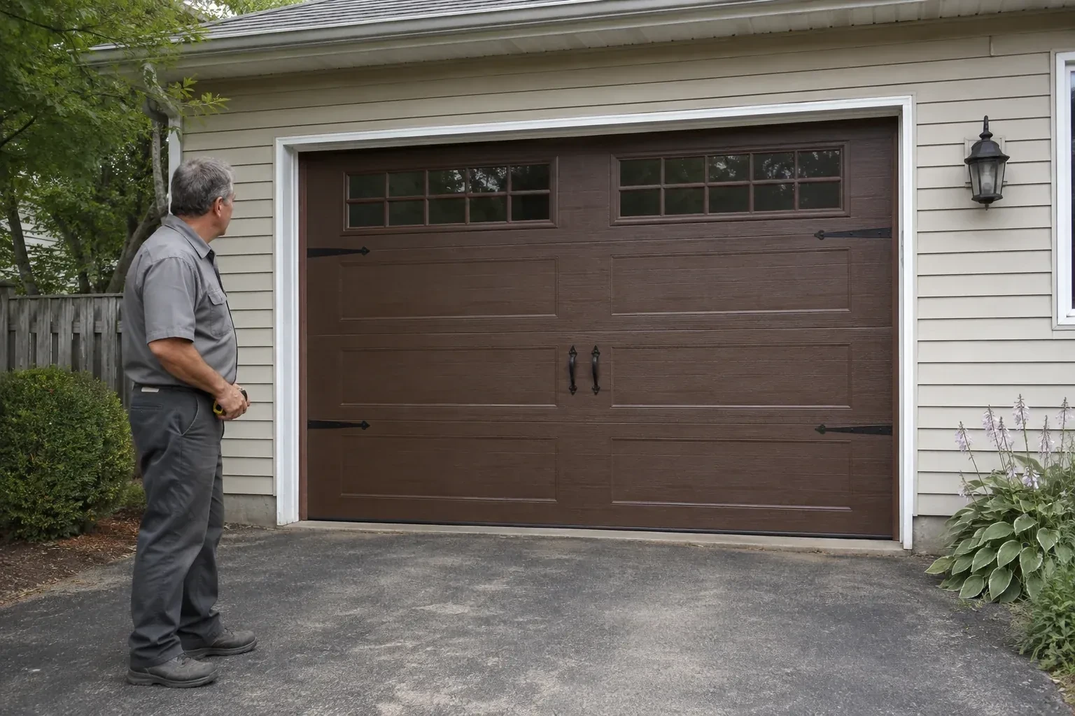 A person stands beside a closed brown garage door with upper windows and black decorative straps and handles. — Carriage-House Garage Door Installation, Vaughan