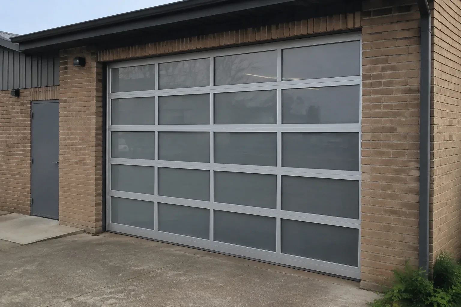 Closed glazed sectional door in a grey metal frame at a brick workshop. — Full-View Glass Garage Door Installation, Maple