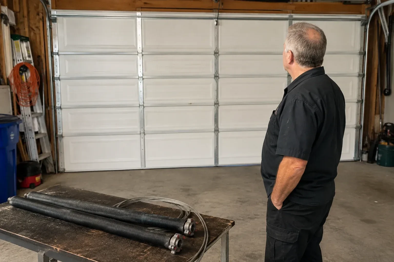 Detached coil springs with end fittings and a cable rest on a bench in front of a closed garage door. — Torsion Spring Replacement, Maple