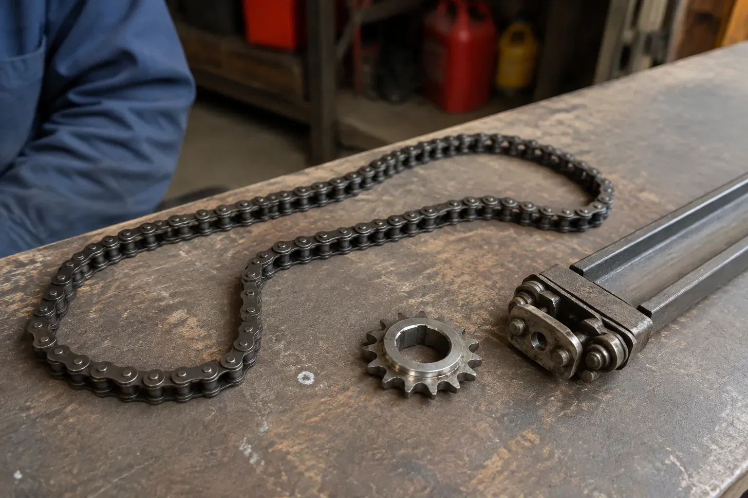 A detached metal roller chain, toothed sprocket and rail component rest on a worn garage workbench. — Chain-Drive Opener Repair, Vaughan