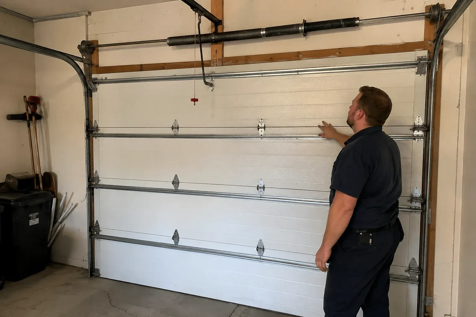 A person stands beside a closed sectional door beneath its overhead spring assembly. — Garage Door Balance Adjustment, Maple