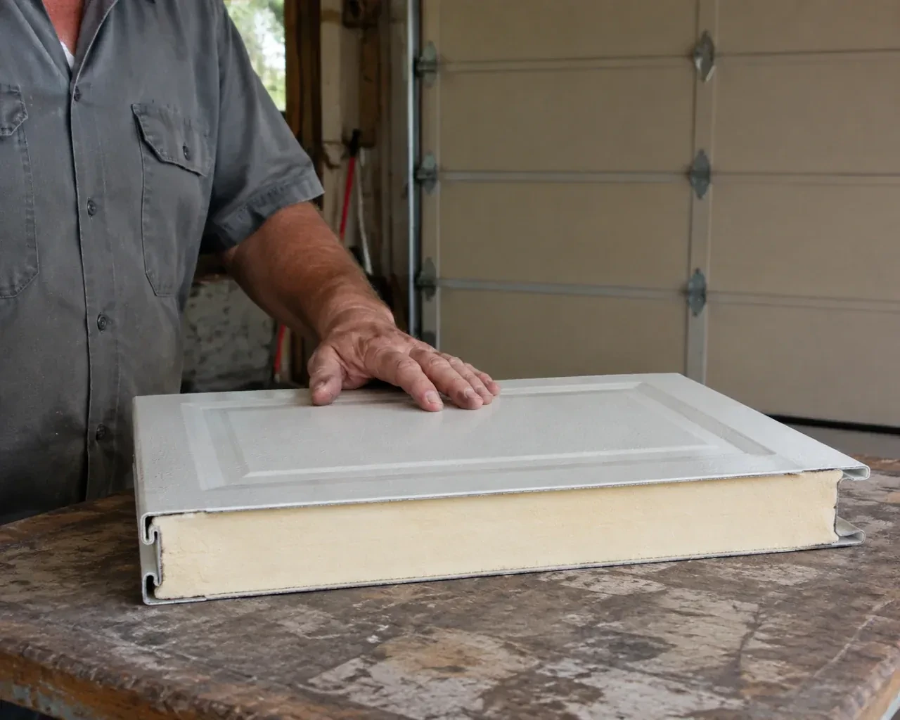 A panel sample exposes a cream foam core between thin metal faces on a garage workbench. — Insulated Steel Garage Door Installation, Maple