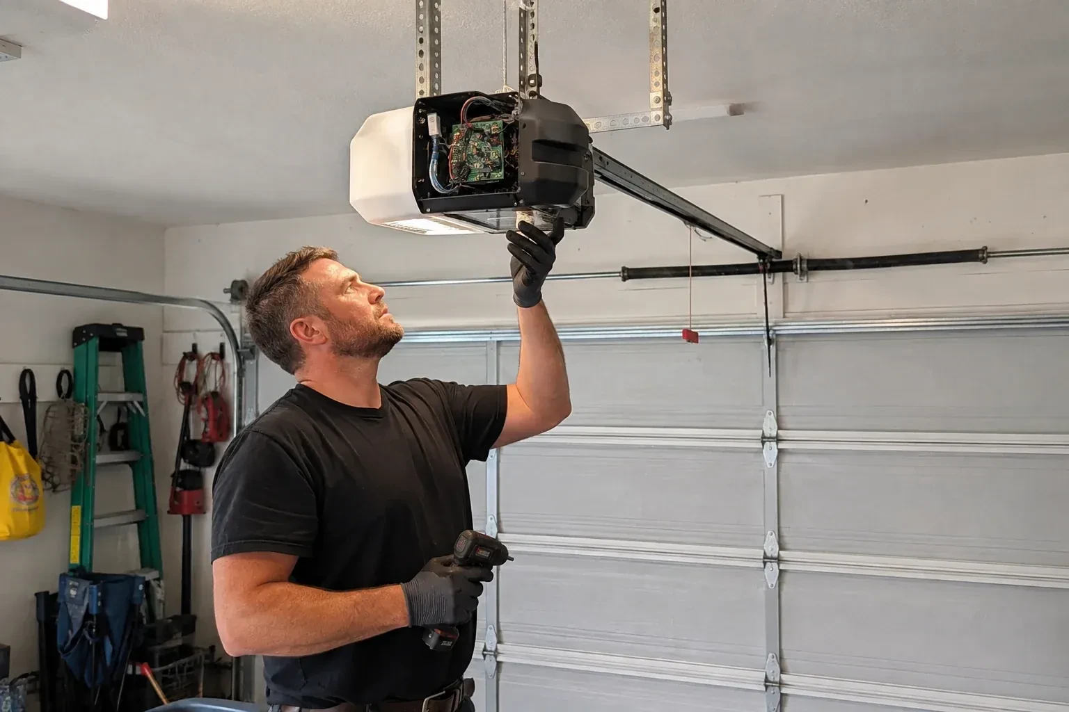 Gloved technician holding a drill and reaching up to an opener housing opened to show a green circuit board. — Belt-Drive Opener Repair, Vaughan