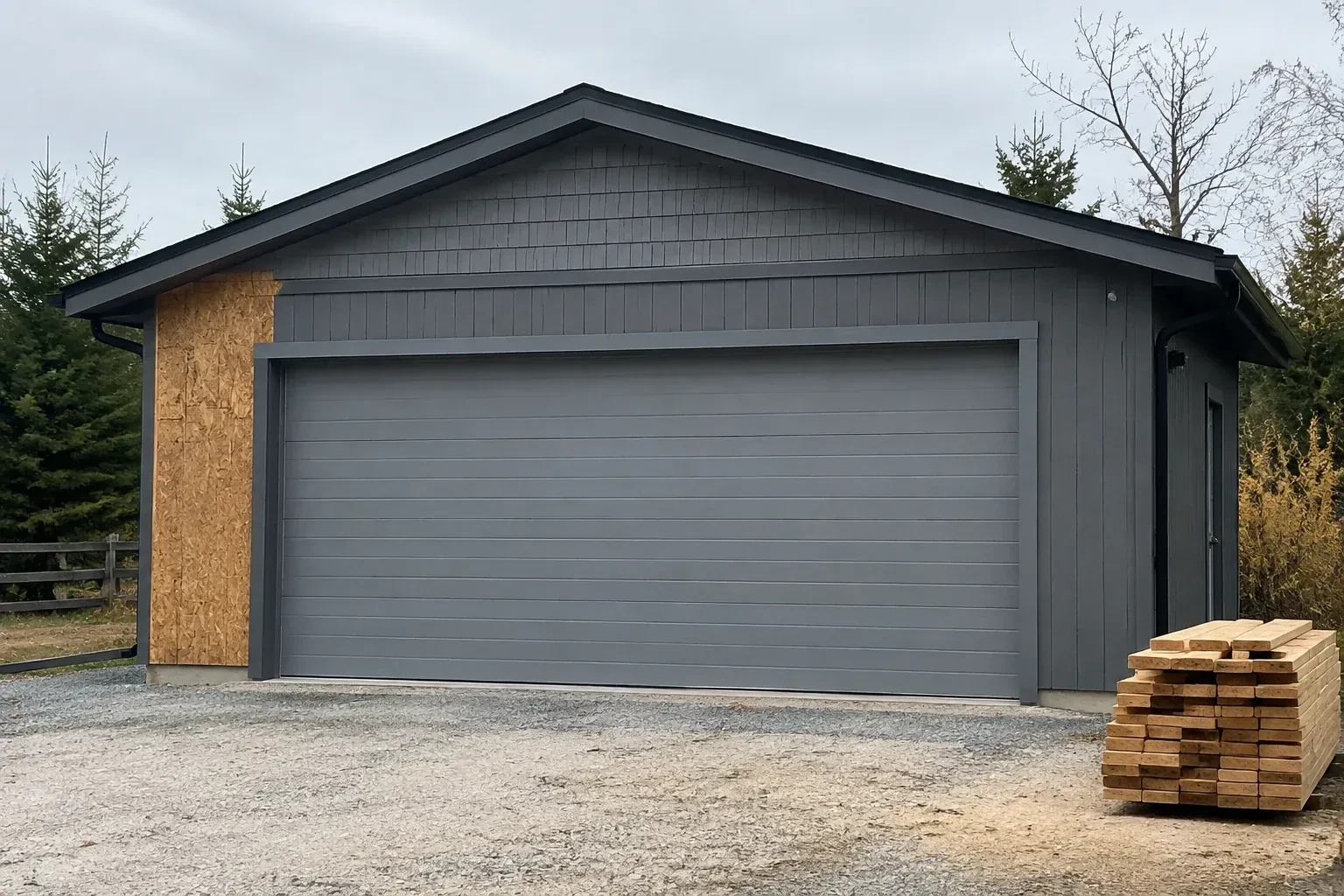 Closed grey garage door on a partly finished building beside stacked lumber. — New-Construction Garage Door Installation, Maple