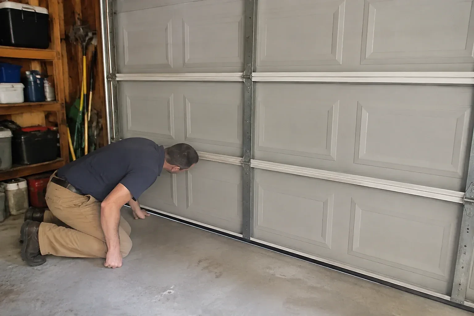 Person kneeling with a hand at the base of a gray paneled door that has a black strip along its bottom. — Garage Door Perimeter Weatherstrip, Vaughan