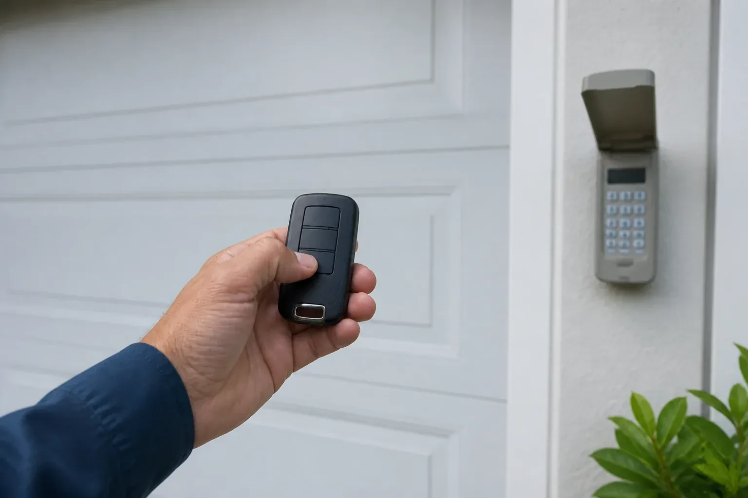Hand holding a black three-button remote in front of a white paneled door, with a wall keypad and open cover at right. — Garage Door Remote and Keypad Programming, Vaughan