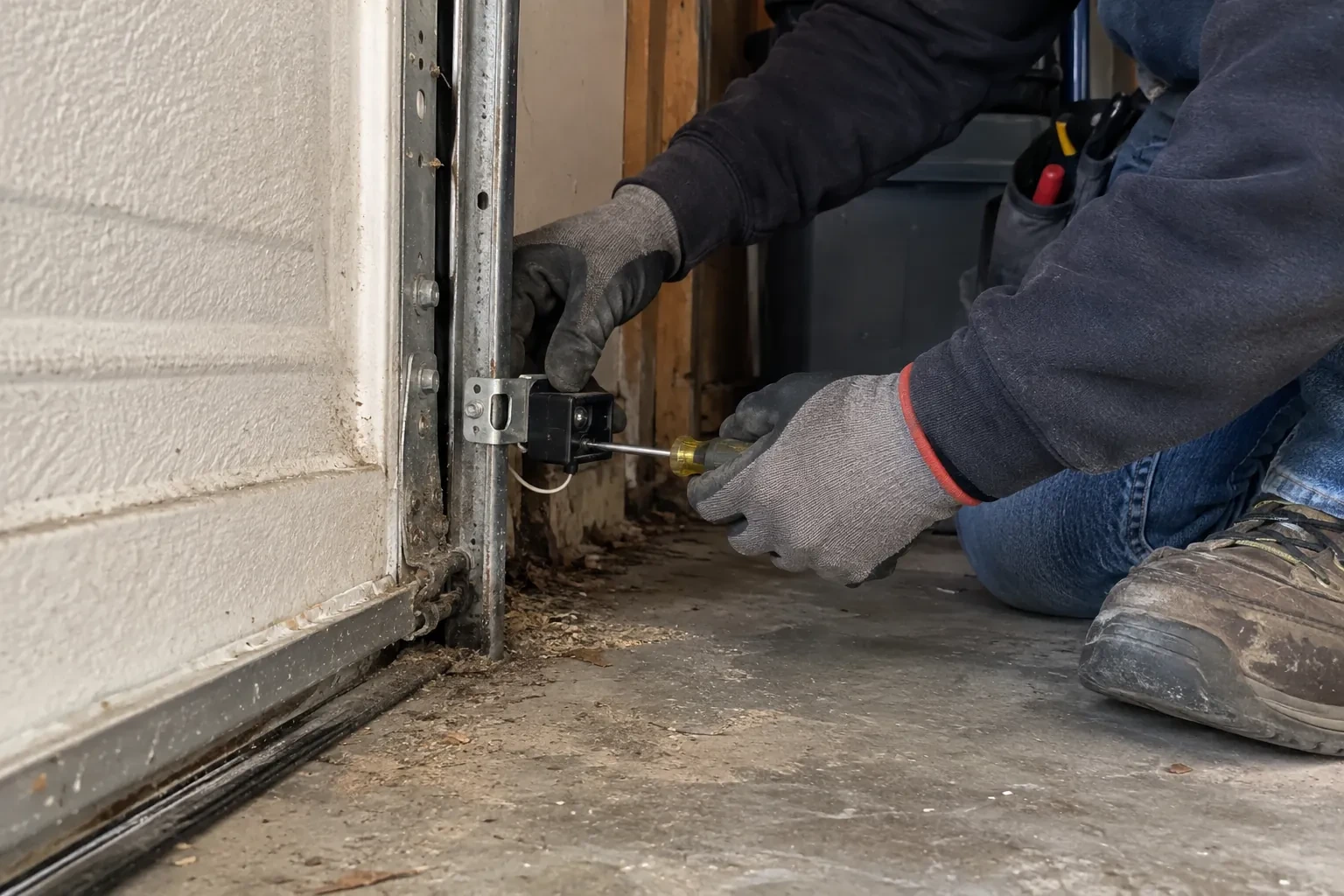 Gloved hands using a yellow-handled screwdriver to fasten a small black sensor to a vertical metal track beside a white door panel. — Photo-Eye Sensor Alignment or Replacement, Vaughan