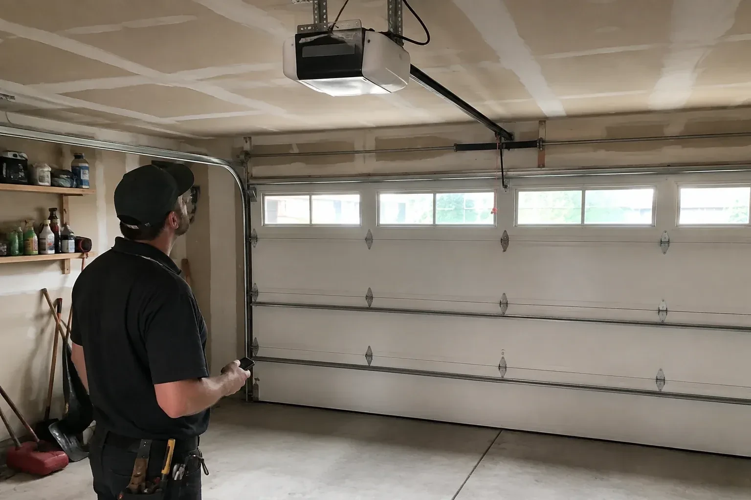 A person looks at an overhead opener above a closed garage door with a row of windows. — Garage Door Opener Replacement, Vaughan
