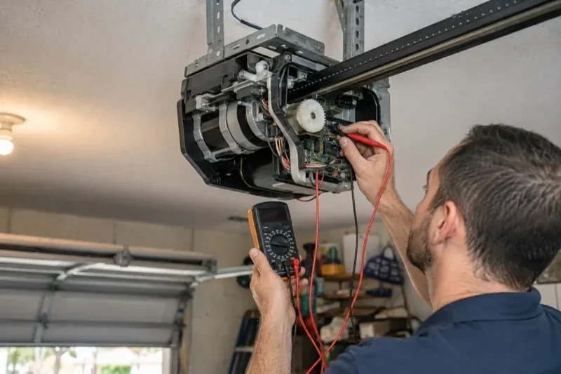 Person holding a multimeter and a red probe near the exposed circuit board of an overhead garage-door opener. — Garage Door Opener Diagnosis and Repair, Vaughan