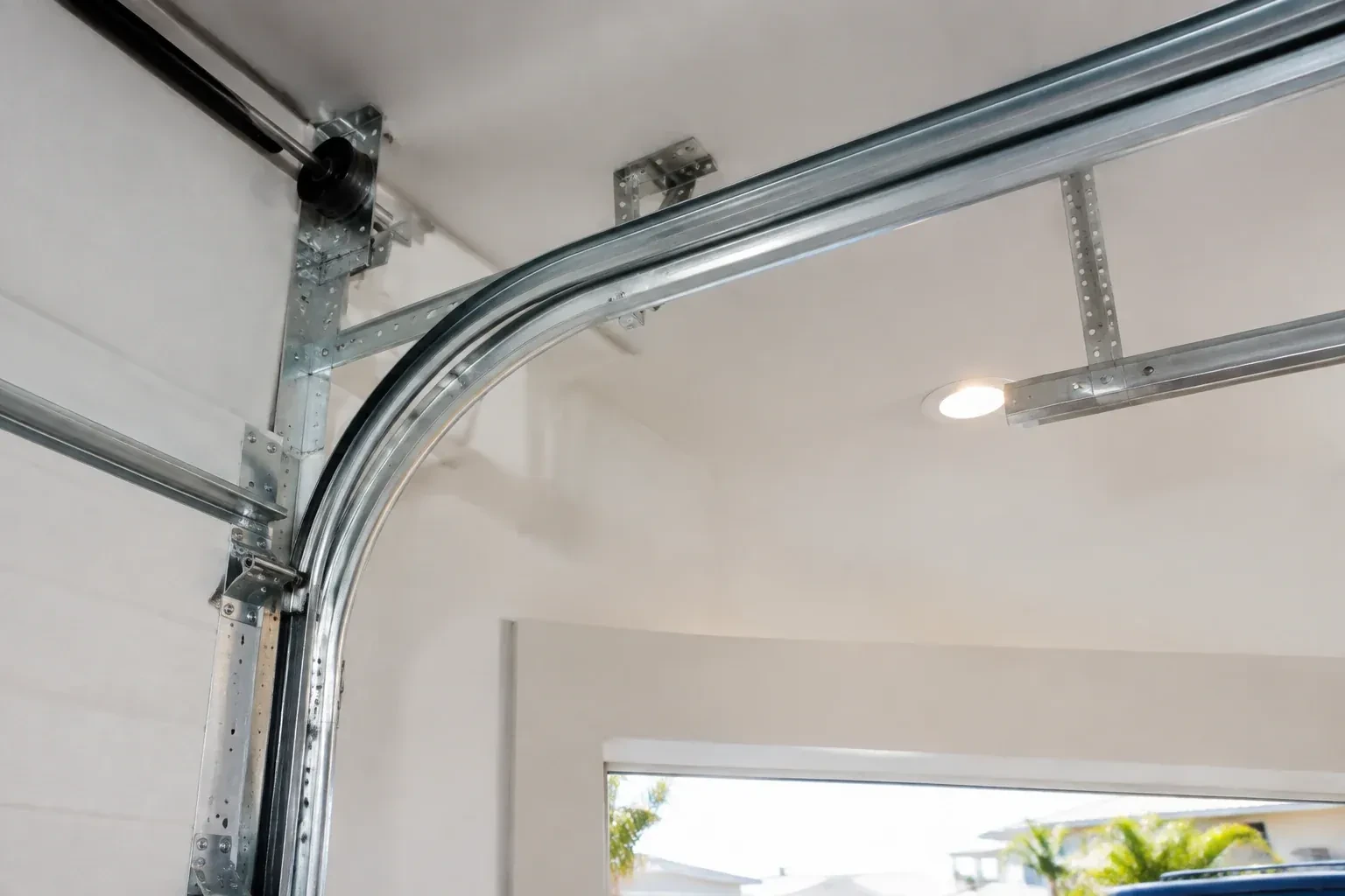 Curved galvanized steel track bending from the vertical door track into the ceiling, with perforated brackets and a recessed light. — Garage Door Track Repair or Replacement, Maple