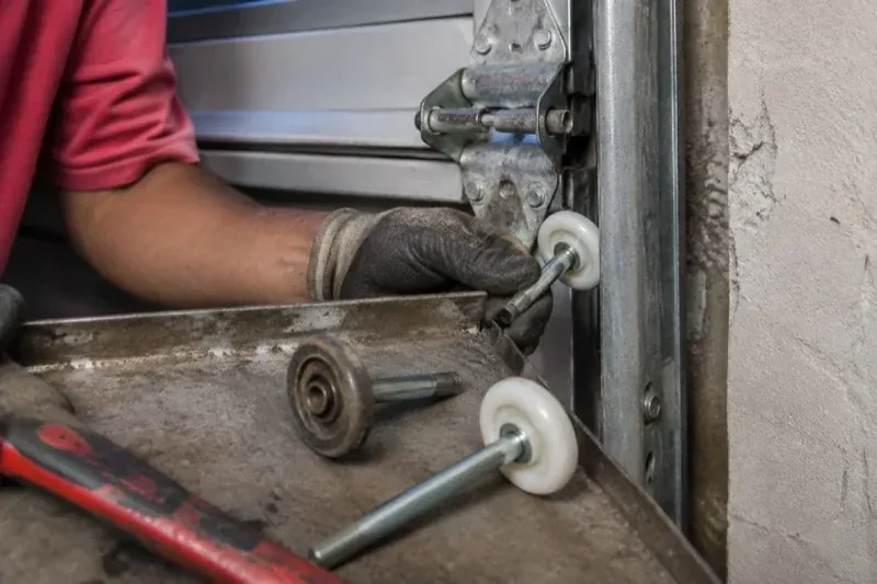 Gloved hand holding a white garage-door roller beside its track, with two loose rollers and a red tool on a tray. — Garage Door Roller Replacement, Vaughan